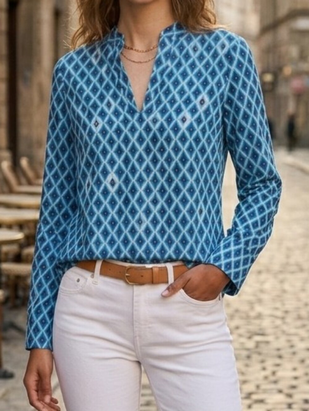 Tory Burch Blue Ikat Geometric Diamond Tunic Top Mirrored Accents Size 4